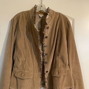 Jill corduroy jacket with ruffled velvet trim.